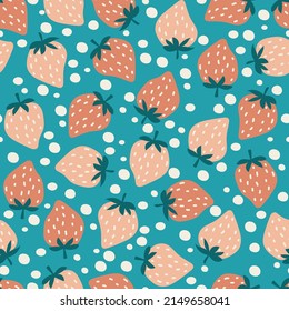 Vector Strawberry colorful pattern on a dark background. Seamless background of Bright, multi-colored garden berries. Cheerful design for textiles, wallpaper and packaging.