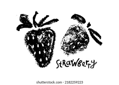 Vector Strawberry drawing isolated. Black hand drawn strawberries sketch. Stencil style sign of red berry illustration for baby food logo, juice label design, strawberry icon, berries packaging.