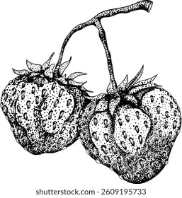 Vector strawberry engraving art illustrations set, hand drawn botanical drawing. Summer fruit monochrome sketch.
