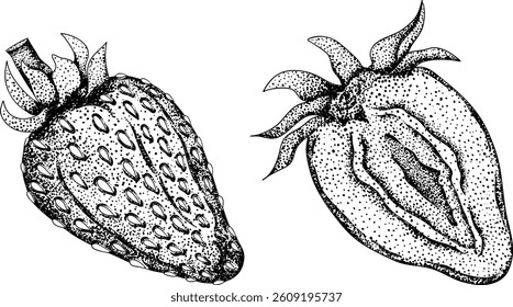 Vector strawberry engraving art illustrations set, hand drawn botanical drawing. Summer fruit monochrome sketch.