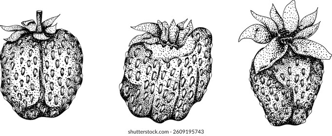 Vector strawberry engraving art illustrations set, hand drawn botanical drawing. Summer fruit monochrome sketch.