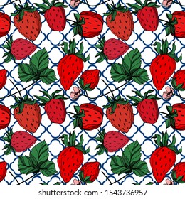 Vector strawberry fresh berry healthy food. Black and white engraved ink art. Seamless background pattern. Fabric wallpaper print texture.