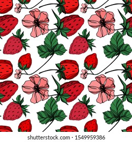 Vector strawberry fresh berry healthy food. Black and white engraved ink art. Seamless background pattern. Fabric wallpaper print texture.