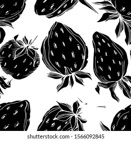Vector strawberry fresh berry healthy food. Black and white engraved ink art. Seamless background pattern. Fabric wallpaper print texture.