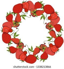 Vector Strawberry fresh fruit healthy food. Red and green engraved ink art. Frame border ornament square on white background.