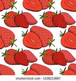 Vector Strawberry fresh fruit healthy food. Red and green engraved ink art. Seamless background pattern. Fabric wallpaper print texture.