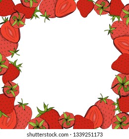 Vector Strawberry fresh fruit healthy food. Red and green engraved ink art. Frame border ornament square on white background.