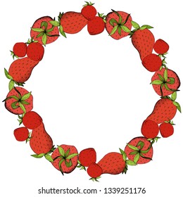 Vector Strawberry fresh fruit healthy food. Red and green engraved ink art. Frame border ornament square on white background.
