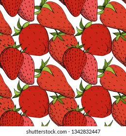 Vector Fresa fruta fresca comida saludable. Arte de tinta con grabado rojo y verde. Patrón de fondo sin foco. Textura de impresión de papel tapiz de tela.