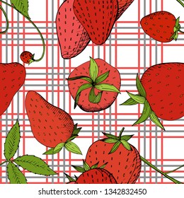 Vector Strawberry fresh fruit healthy food. Red and green engraved ink art. Seamless background pattern. Fabric wallpaper print texture.