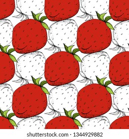 Vector Fresa fruta fresca comida saludable. Arte de tinta con grabado rojo y verde. Patrón de fondo sin foco. Textura de impresión de papel tapiz de tela.
