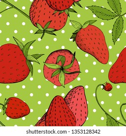 Vector Strawberry fresh fruit healthy food. Red and green engraved ink art. Seamless background pattern. Fabric wallpaper print texture.