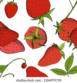 Vector Strawberry fresh fruit healthy food. Red and green engraved ink art. Seamless background pattern. Fabric wallpaper print texture.