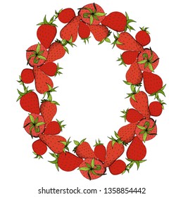Vector Strawberry fresh fruit healthy food. Red and green engraved ink art. Frame border ornament square on white background.