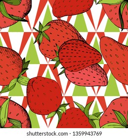 Vector Strawberry fresh fruit healthy food. Red and green engraved ink art. Seamless background pattern. Fabric wallpaper print texture.