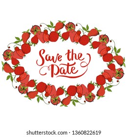 Vector Strawberry fresh fruit healthy food. Red and green engraved ink art. Frame border ornament square on white background.