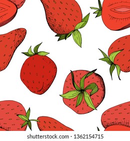Vector Strawberry fresh fruit healthy food. Red and green engraved ink art. Seamless background pattern. Fabric wallpaper print texture.