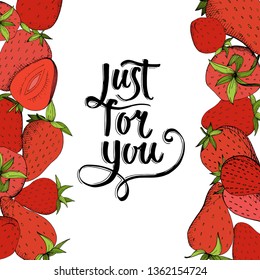 Vector Strawberry fresh fruit healthy food. Red and green engraved ink art. Frame border ornament square on white background.