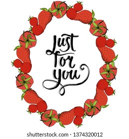 Vector Strawberry fresh fruit healthy food. Red and green engraved ink art. Frame border ornament square on white background.