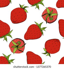 Vector Strawberry fresh fruit healthy food. Red and green engraved ink art. Seamless background pattern. Fabric wallpaper print texture.