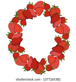 Vector Strawberry fresh fruit healthy food. Red and green engraved ink art. Frame border ornament square on white background.