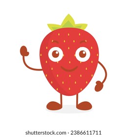 Caricatura de frutas de fresa vectorial ondeando mano