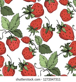 Vector Strawberry fruits. Green leaf. Leaf plant botanical garden floral foliage. Red and green engraved ink art. Seamless background pattern. Fabric wallpaper print texture.