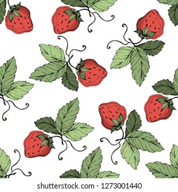 Vector Strawberry fruits. Green leaf. Leaf plant botanical garden floral foliage. Red and green engraved ink art. Seamless background pattern. Fabric wallpaper print texture.