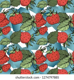 Vector Strawberry fruits. Green leaf. Leaf plant botanical garden floral foliage. Red and green engraved ink art. Seamless background pattern. Fabric wallpaper print texture.