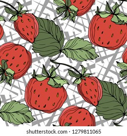Frutas vectoras de fresa. Hoja verde. Planta de hojas de vegetación botánica follaje floral. Arte de tinta con grabado rojo y verde. Patrón de fondo sin foco. Textura de impresión de papel tapiz de tela.