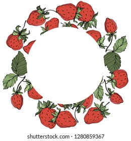 Vector Strawberry fruits. Green leaf. Leaf plant botanical garden floral foliage. Red and green engraved ink art. Frame border ornament square.