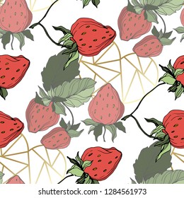 Frutas vectoras de fresa. Hoja verde. Planta de hojas de vegetación botánica follaje floral. Arte de tinta con grabado rojo y verde. Patrón de fondo sin foco. Textura de impresión de papel tapiz de tela.