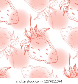 Vector Strawberry fruits. Leaf plant botanical garden floral foliage. Red engraved ink art. Seamless background pattern. Fabric wallpaper print texture.