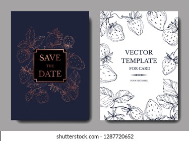 Vector Strawberry fruits. Leaf plant botanical garden floral foliage. Engraved ink art. Wedding background card floral decorative border. Invitation elegant card illustration graphic set banner.