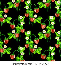 Vector - strawberry fruits with levaes and blooms, floral seamless pattern.