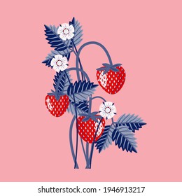 Vector - strawberry fruits with levaes and blooms, floral pattern.