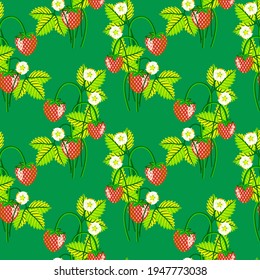 Vector - strawberry fruits with levaes and blooms, floral seamless pattern.