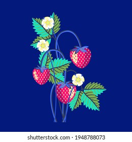 Vector - strawberry fruits with levaes and blooms, floral pattern.