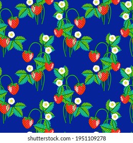Vector - strawberry fruits with levaes and blooms, floral seamless pattern.
