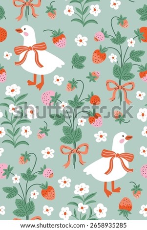 Vector strawberry goose seamless pattern. White birds, flowers and strawberries on mint background. Funny childish animal seamless print design for kids fabric or nurseary wallpaper