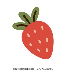 Vector de fresa con hojas verdes. Clipart de fruta linda para el verano, comida saludable, postres, diseño vegetal y vegetariano, pegatinas, textil o colección infantil en estilo plano.