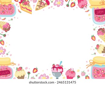 Vector strawberry horizontal banner on white background.