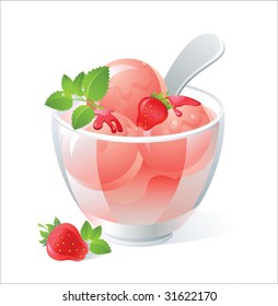 Vector strawberry ice cream with berry of the strawberries with syrup and spearmint