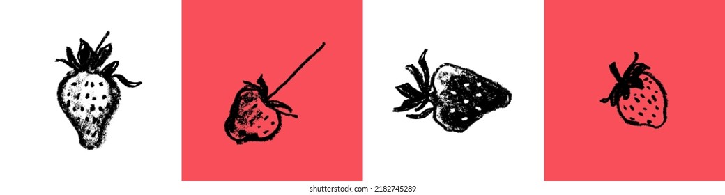 Vector Strawberry icons set. Black hand drawn strawberries symbols. Stencil style sign of red berry illustration for baby food logo, juice label design, strawberry drawing, berries packaging.