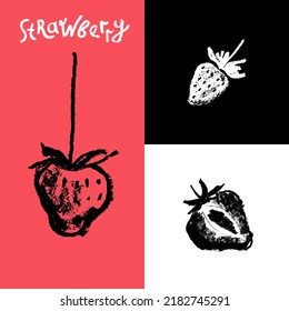 Iconos de fresa vectora establecidos. Símbolos de fresas dibujados a mano negra. Signo de estilo esténcil de la ilustración de baya roja para el logotipo de comida para bebé, diseño de etiquetas de jugo, dibujo de fresa, empaque de bayas.