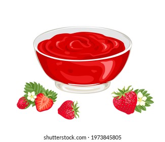 Vector strawberry jam in glass bowl isolated on white background. Berry red confiture illustration in cartoon flat style.