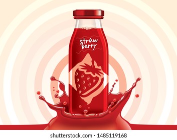 Vector strawberry juice, fruit glass bottle with drop splash