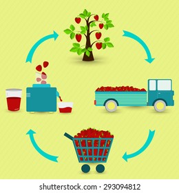 Vector - Strawberry juice production steps. Strawberry tree, harvest, transport, sale at the grocery store, production of strawberry juice at home. In a circular scheme. Process of strawberry juice