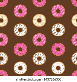 Vector Strawberry and Marble Glazed Donuts Pattern in Chocolate Background