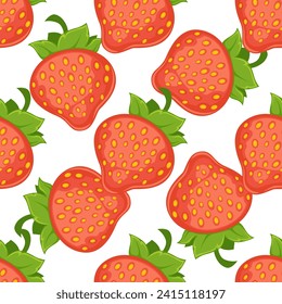 Vector Strawberry Seamless Pattern featuring a repeating background with a set of  illustrations of fruity strawberries with green leaves. A collection of strawberry still lifes on a white background,